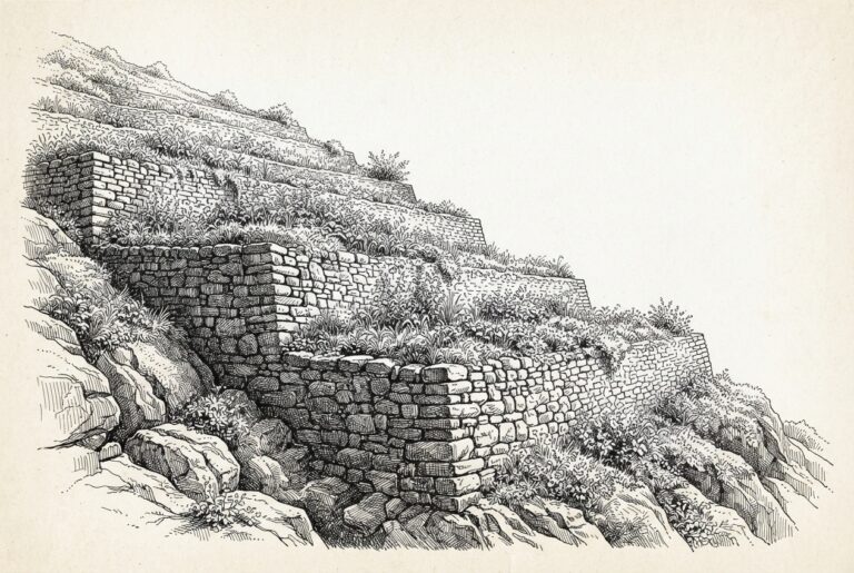 A steep terraced hillside in monochrome pen-and-ink engraving, each terrace supported by ancient stone retaining walls built directly into the bedrock - containment infrastructure carved from the landscape itself, not added as barriers, with vegetation growing freely on every level.