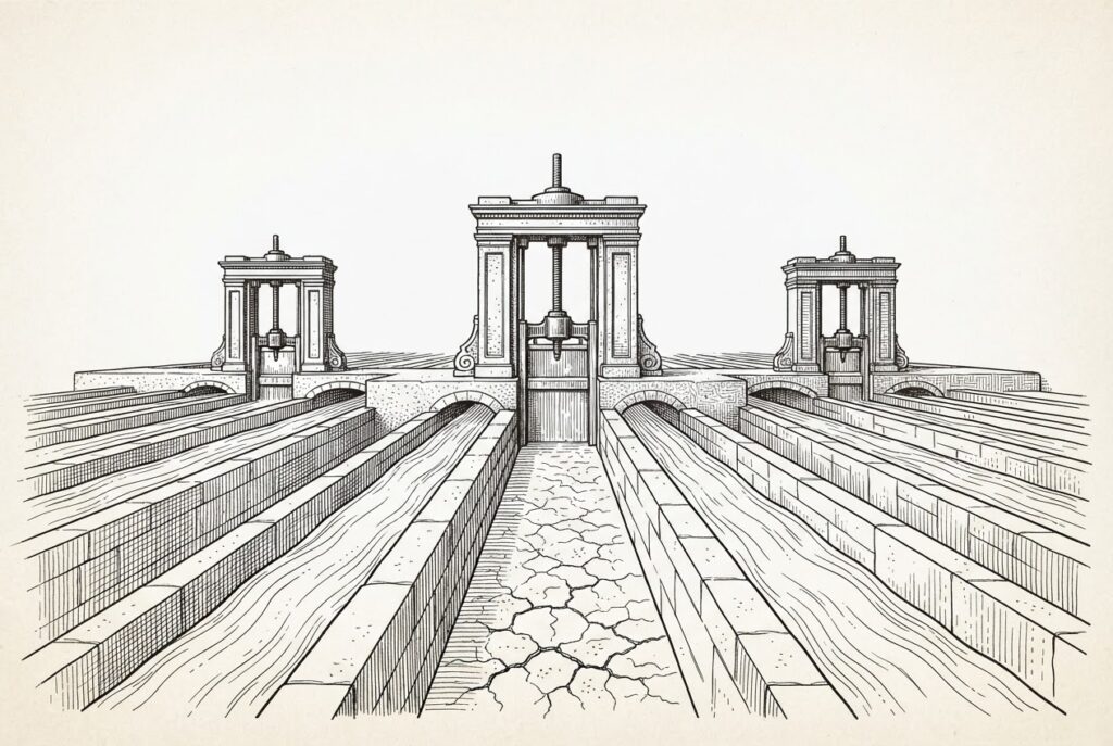A vast aqueduct system of standardized open stone channels carrying uniform water flow, with three large gate-towers rising above at junction points controlling which channels receive water. The central channel is conspicuously dry and cracked - the gates decide which channels live and which starve.