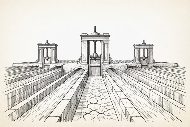 A vast aqueduct system of standardized open stone channels carrying uniform water flow, with three large gate-towers rising above at junction points controlling which channels receive water. The central channel is conspicuously dry and cracked - the gates decide which channels live and which starve.