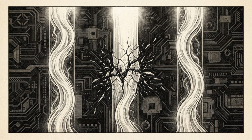 Three parallel light streams flowing downward through a dark circuit-board background, the center stream cracked and stalling mid-flow while the other two stream past cleanly. Monochrome pen-and-ink engraving on warm paper.