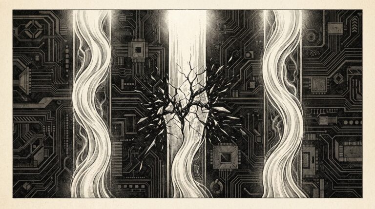Three parallel light streams flowing downward through a dark circuit-board background, the center stream cracked and stalling mid-flow while the other two stream past cleanly. Monochrome pen-and-ink engraving on warm paper.