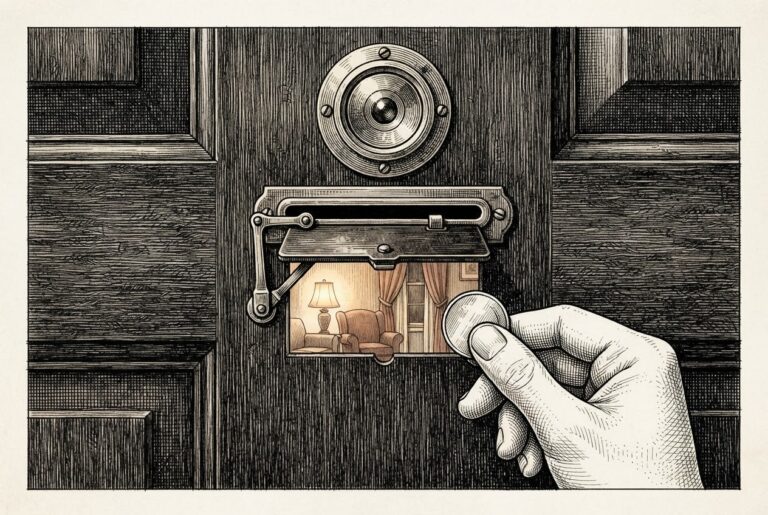 Ink engraving of a Victorian door peephole with coin slot and shutter mechanism - a hand holds a coin near the slot while the domestic interior is visible through the opened shutter, representing perception gated behind payment