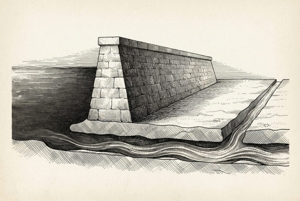 Cross-section of a sealed reservoir with a thick dam wall; dark water presses against the wall surface, but an underground channel routes flow beneath the bypass - the inspection zone measures the surface, the substance passes underneath.