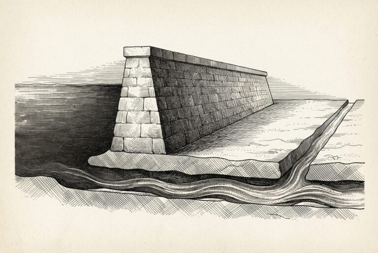 Cross-section of a sealed reservoir with a thick dam wall; dark water presses against the wall surface, but an underground channel routes flow beneath the bypass - the inspection zone measures the surface, the substance passes underneath.