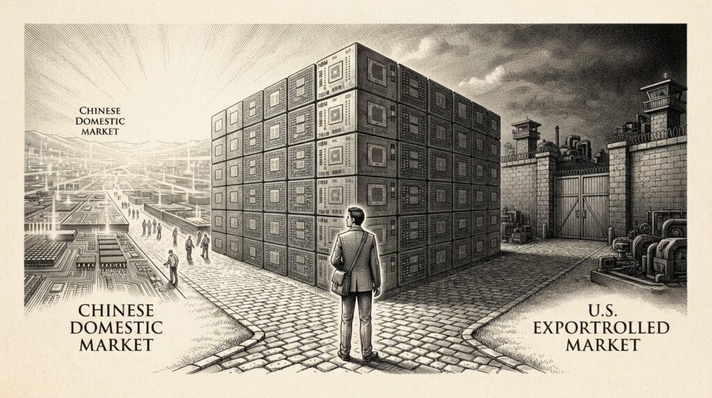 Pen-and-ink engraving of an industrial crossroads: one path bright and open (Chinese domestic market), the other dark and walled (U.S. export-controlled market). A massive wall of stacked memory chips rises as a bottleneck at the junction. A lone engineer stands at the fork.