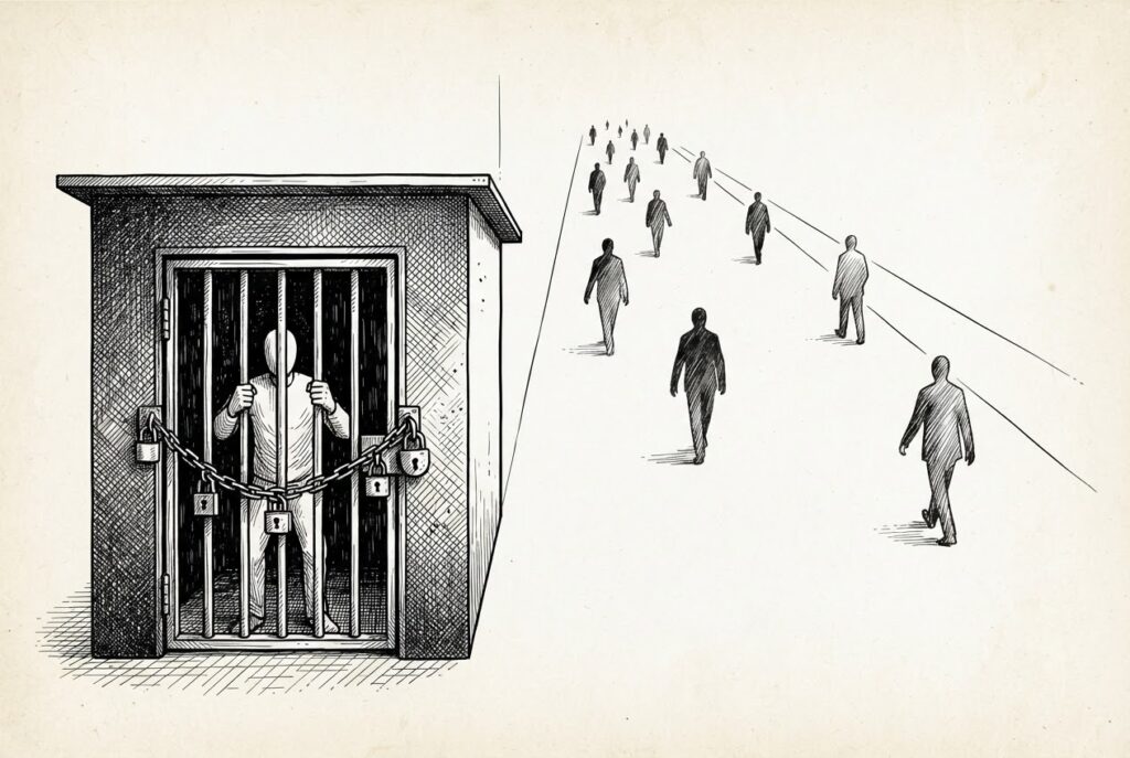 A solitary guard tower with its lower gate sealed by bars and locks traps a figure inside while shadowy figures walk freely through a wide open passage on the far side where no barrier exists - the mechanism that should have stopped intruders imprisons the keeper instead.