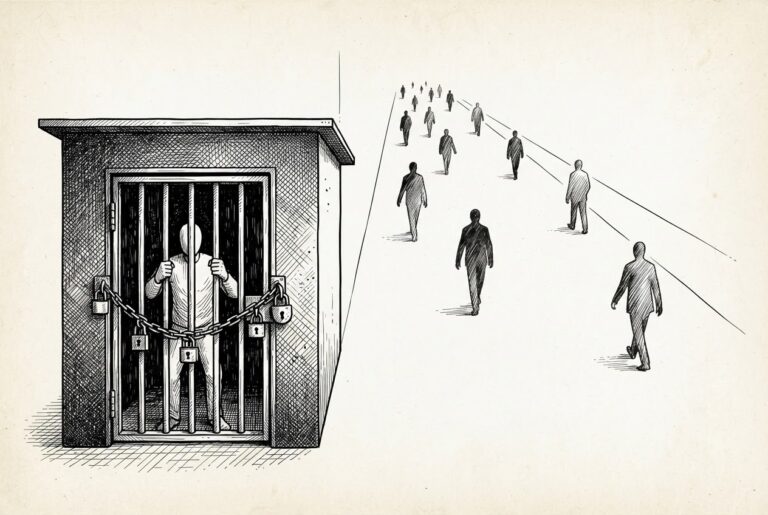 A solitary guard tower with its lower gate sealed by bars and locks traps a figure inside while shadowy figures walk freely through a wide open passage on the far side where no barrier exists - the mechanism that should have stopped intruders imprisons the keeper instead.