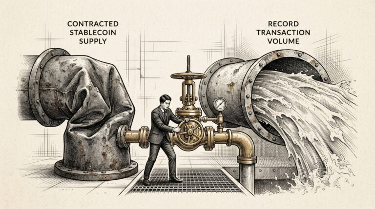 Two industrial pipes side by side - the left pipe visibly collapsed and crushed inward representing contracted stablecoin supply, the right pipe robust with a powerful concentrated stream representing record transaction volume - with a small suited figure operating a brass valve between them redirecting the flow.