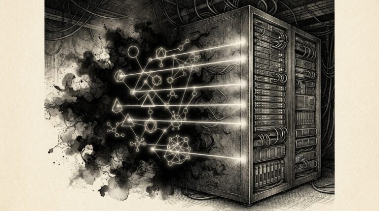 A massive dark server rack half dissolved into shadow and void, glowing cryptographic signature lines slicing through the dark matter to illuminate ghostly silhouettes of previously invisible autonomous agents.