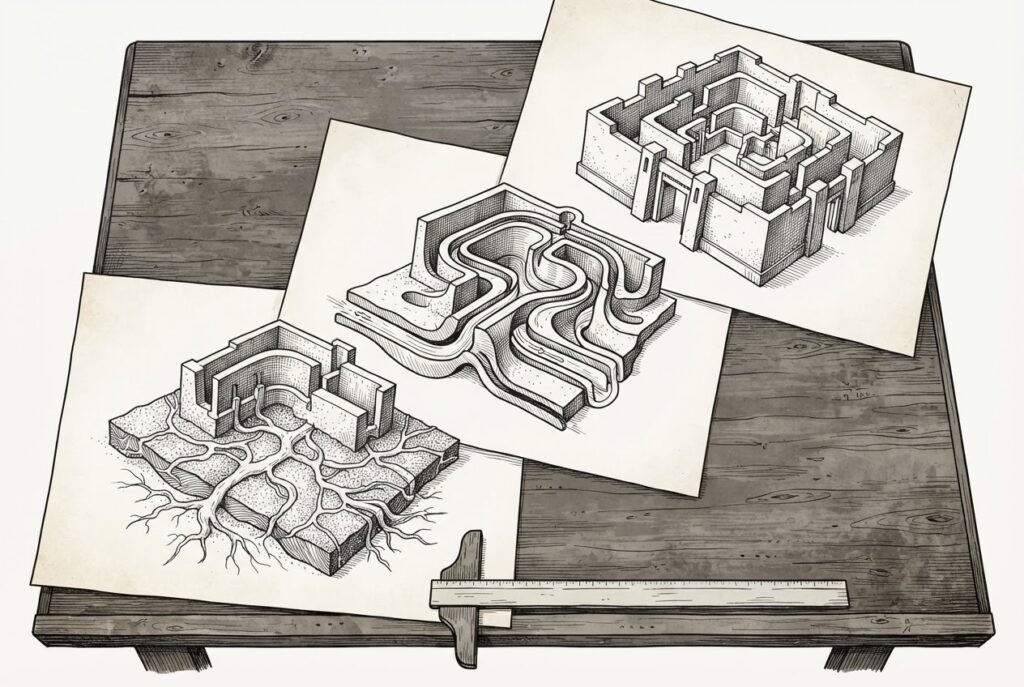 Ink illustration of an architect's drafting table with three separate sheets of paper, each showing a different cross-section diagram of an abstract structure - foundational network paths on the bottom sheet, flowing conduits on the middle sheet, and a fortified gateway structure on the top sheet - depicting the IETF's three-layer decomposition of agent infrastructure.