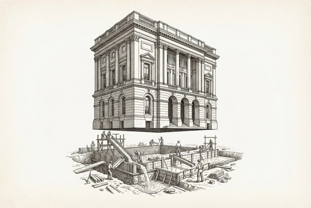 A complete classical building stands above an unfinished foundation still being poured - illustrating how voluntary NIST AI agent standards are becoming de facto binding through negligence litigation before the standards themselves are written.