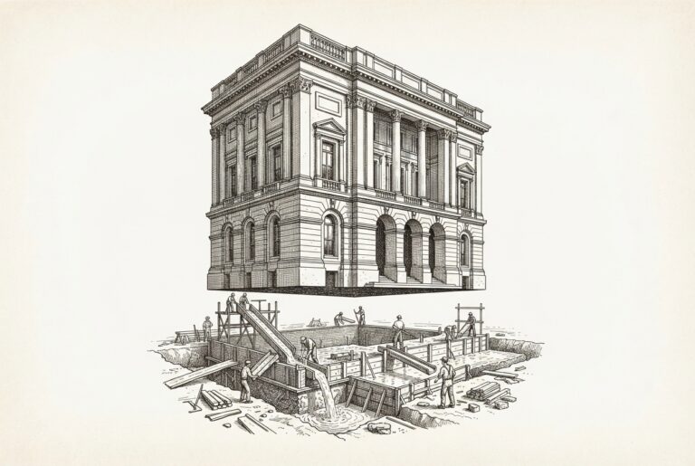 A complete classical building stands above an unfinished foundation still being poured - illustrating how voluntary NIST AI agent standards are becoming de facto binding through negligence litigation before the standards themselves are written.
