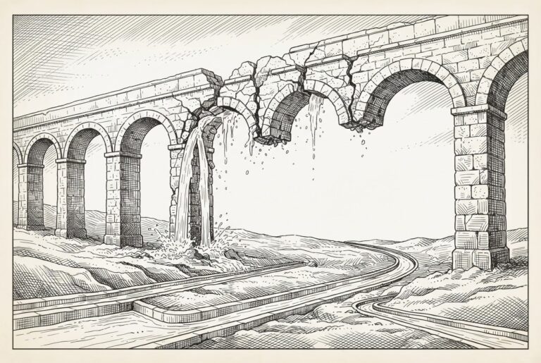 Crumbling aqueduct with new channels forming below - representing structural disruption in traditional IT services