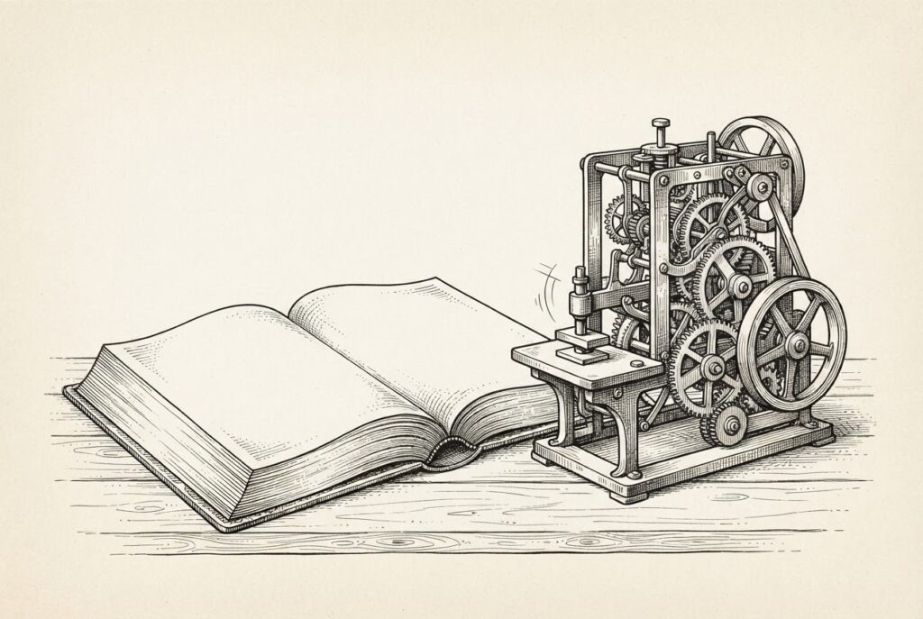 An open legislative ledger with completely blank pages sits beside an unmanned mechanical apparatus operating autonomously - the rulemaking record empty while autonomous AI systems act outside the framework.
