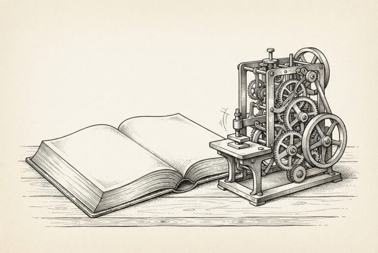 An open legislative ledger with completely blank pages sits beside an unmanned mechanical apparatus operating autonomously - the rulemaking record empty while autonomous AI systems act outside the framework.