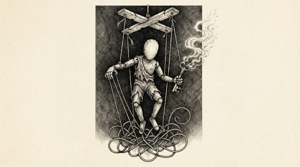 A wooden marionette suspended from a cracked control cross, operating its own tangled strings, one hand clutching a key dissolving into smoke - autonomous operation entangling itself.
