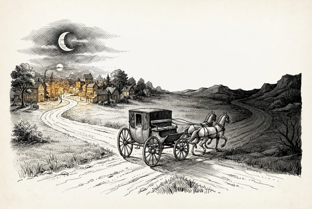 A driverless horse-drawn carriage at a road fork, confidently taking the dark empty path while ignoring the lit town - autonomous capability aimed at a hallucinated destination.