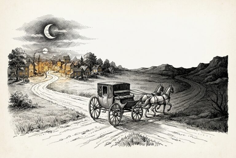A driverless horse-drawn carriage at a road fork, confidently taking the dark empty path while ignoring the lit town - autonomous capability aimed at a hallucinated destination.