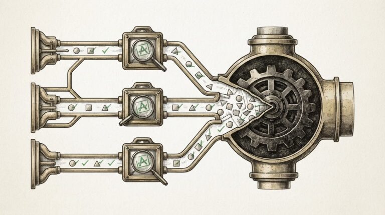 Conceptual illustration of AI model safety guardrails failing as weights transition from controlled API to open download