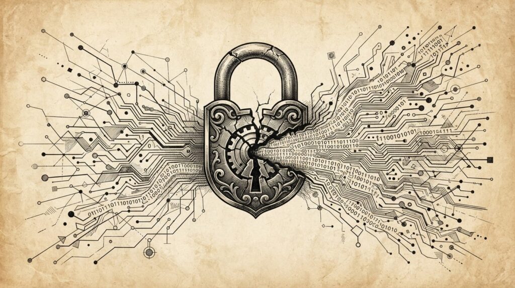 Monochrome editorial engraving of a padlock cracking open with code streams flowing outward into a network of interconnected nodes, representing the uncontrolled proliferation of cyber capabilities through open-weight model distribution.