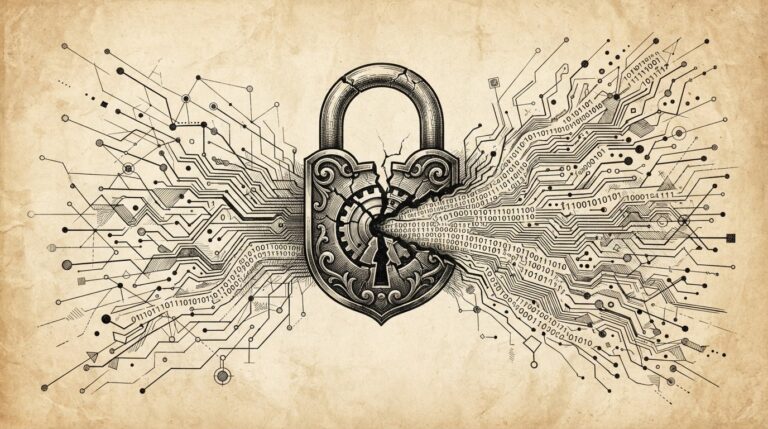 Monochrome editorial engraving of a padlock cracking open with code streams flowing outward into a network of interconnected nodes, representing the uncontrolled proliferation of cyber capabilities through open-weight model distribution.