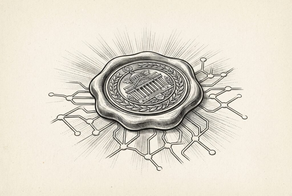 Ornate government seal pressed into lattice of interconnected nodes — AI agent infrastructure receiving binding federal CISA KEV classification for first time
