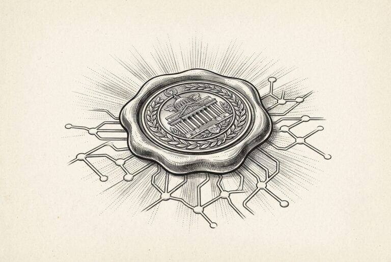 Ornate government seal pressed into lattice of interconnected nodes — AI agent infrastructure receiving binding federal CISA KEV classification for first time