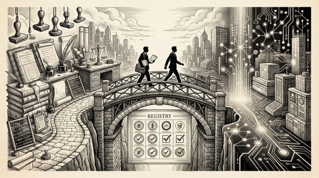 Monochrome pen-and-ink engraving of an architectural bridge connecting traditional procurement ledgers with digital agent commerce verification systems