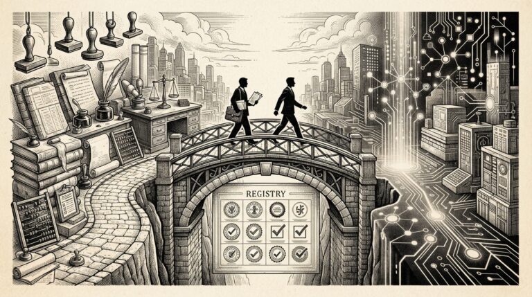Monochrome pen-and-ink engraving of an architectural bridge connecting traditional procurement ledgers with digital agent commerce verification systems