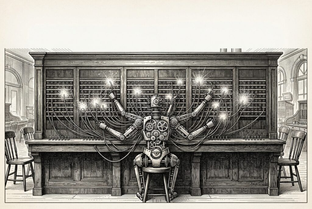 Victorian switchboard with a single operator managing 130+ connections - representing one AI agent running an entire capital raise