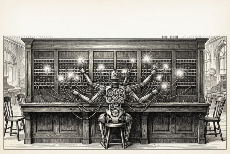 Victorian switchboard with a single operator managing 130+ connections - representing one AI agent running an entire capital raise