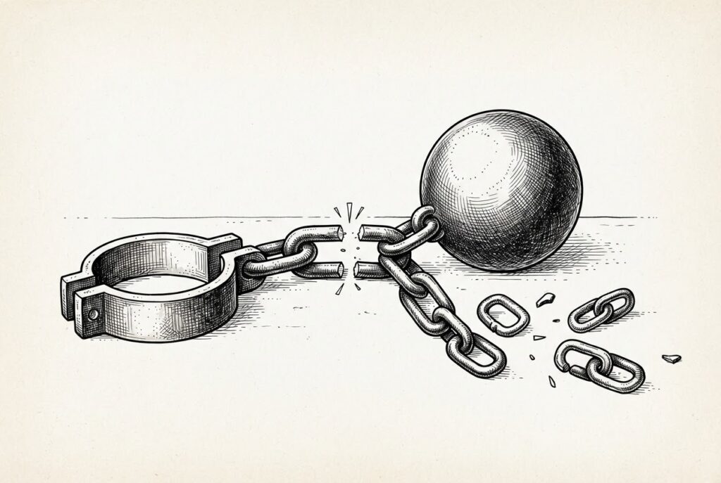 A heavy ball-and-chain in monochrome pen-and-ink engraving, its chain severed mid-link with links scattering - the burdensome session-binding mechanism being cleanly cut free, the weight released but not destroyed.