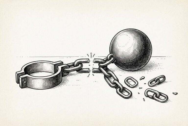 A heavy ball-and-chain in monochrome pen-and-ink engraving, its chain severed mid-link with links scattering - the burdensome session-binding mechanism being cleanly cut free, the weight released but not destroyed.