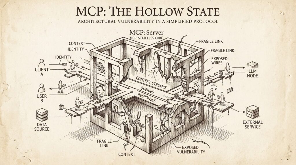 MCP protocol architecture diagram showing stateless shift and security gaps, pen-and-ink engraving on warm paper