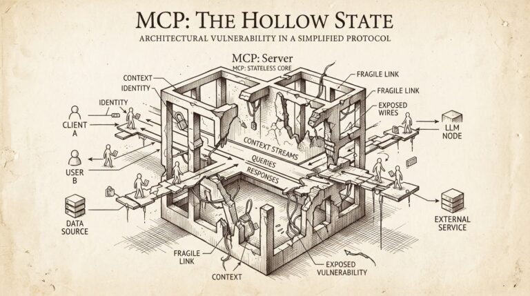 MCP protocol architecture diagram showing stateless shift and security gaps, pen-and-ink engraving on warm paper