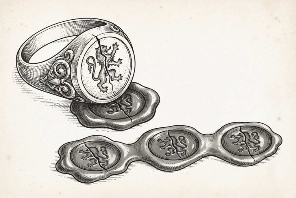 Ink illustration of an ornate signet ring pressing into sealing wax, its face marked by a single hairline crack that propagates into every wax seal impression below, depicting how one architectural decision permanently shapes every downstream copy.
