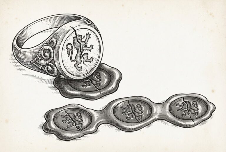 Ink illustration of an ornate signet ring pressing into sealing wax, its face marked by a single hairline crack that propagates into every wax seal impression below, depicting how one architectural decision permanently shapes every downstream copy.