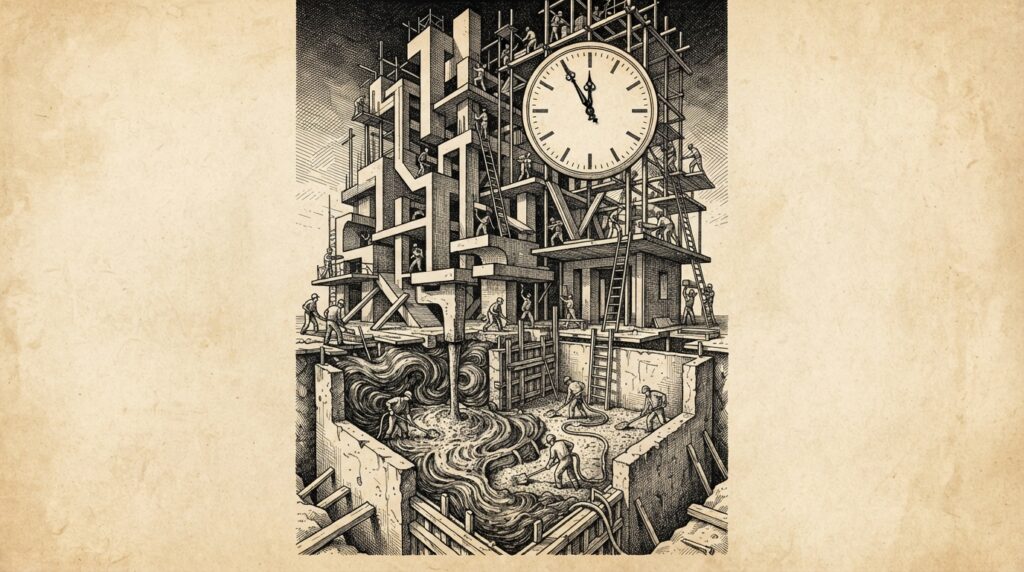 Ink illustration of architectural lock-in depicted as a foundation being poured with wet concrete while construction continues above, with a plain clock face showing hands pointing near midnight to symbolize deadline pressure
