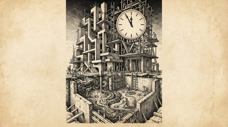 Ink illustration of architectural lock-in depicted as a foundation being poured with wet concrete while construction continues above, with a plain clock face showing hands pointing near midnight to symbolize deadline pressure