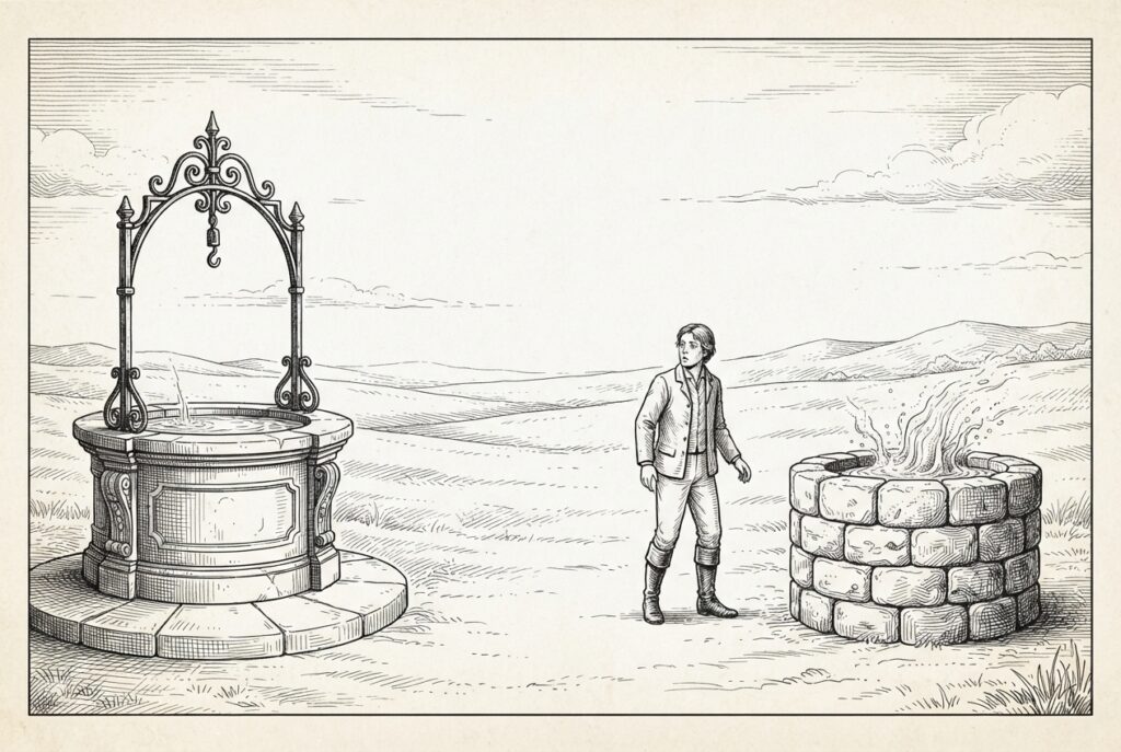 Two wells in open terrain — one grand and polished on the left with calm water, one rougher and newly built on the right with water visibly rising. A figure stands between them. Pen-and-ink engraving.