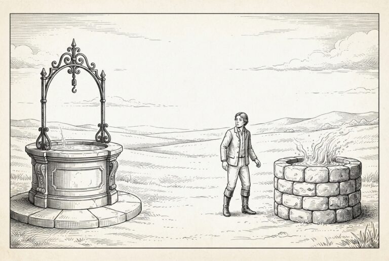 Two wells in open terrain — one grand and polished on the left with calm water, one rougher and newly built on the right with water visibly rising. A figure stands between them. Pen-and-ink engraving.