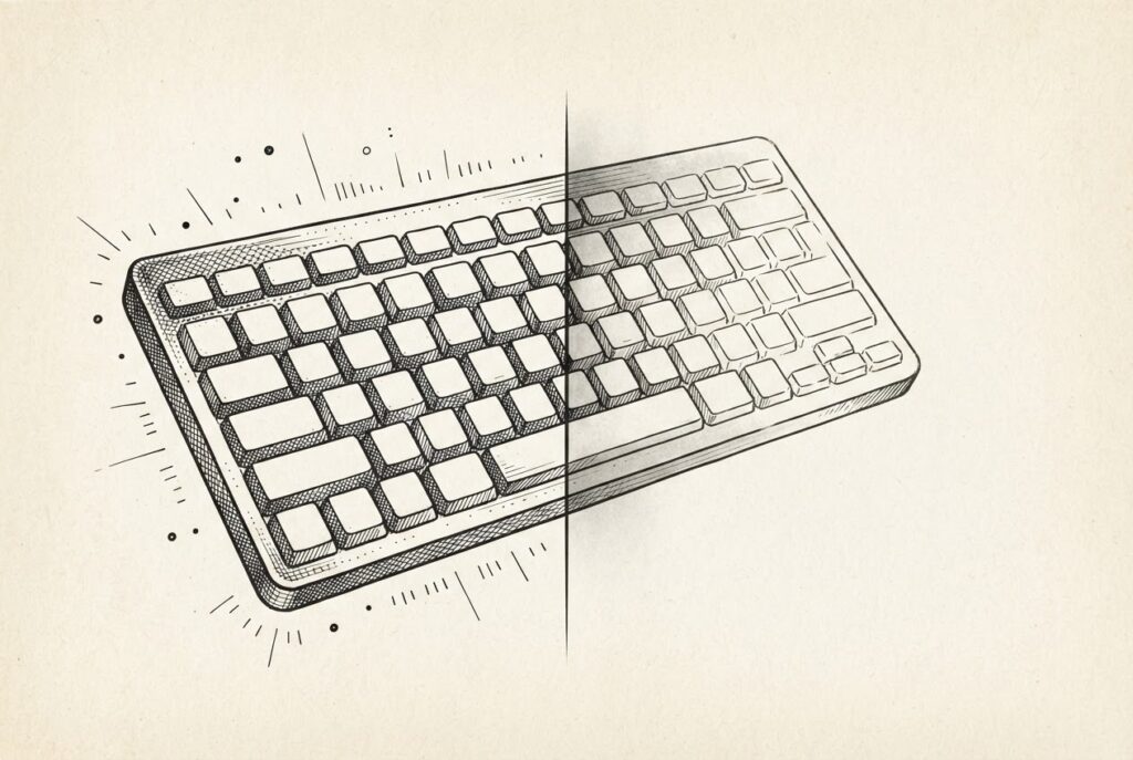 A mechanical keyboard viewed from above - the left half densely detailed with cross-hatching and tiny monitoring indicators, the right half fading into shadow and absence, representing the employee on protected leave whose keystrokes went quiet.