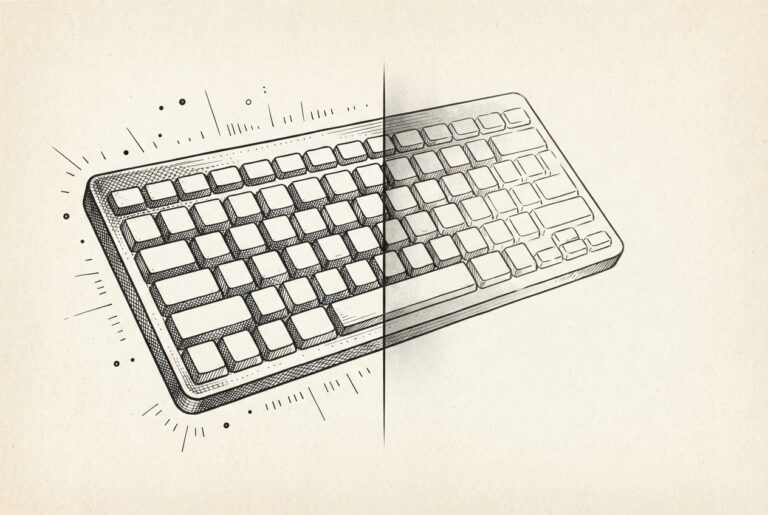 A mechanical keyboard viewed from above - the left half densely detailed with cross-hatching and tiny monitoring indicators, the right half fading into shadow and absence, representing the employee on protected leave whose keystrokes went quiet.
