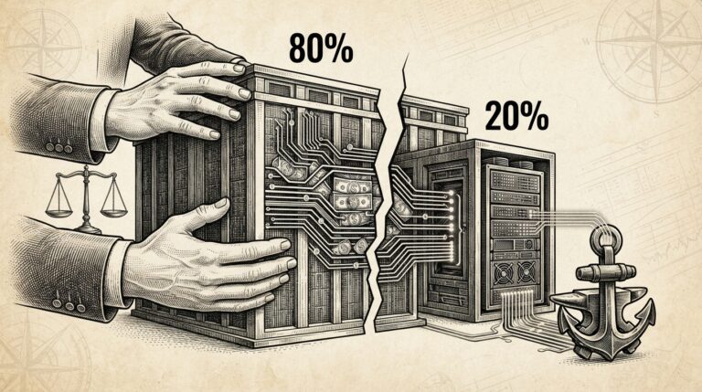 Monochrome editorial engraving depicting a data center divided into ownership tiers, with institutional capital holding the majority stake and a hyperscaler operator retaining minority ownership and sole occupancy.