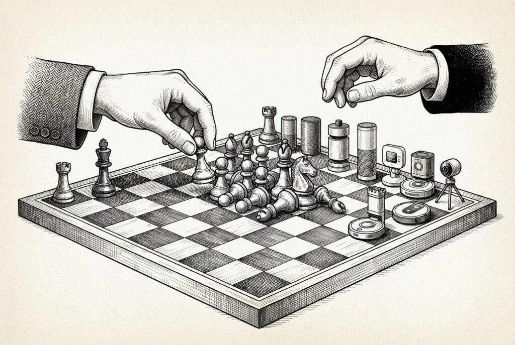 Chess game with sacrificed pieces blocking opponent while own king exposed — smart home devices as pieces in Apple v. OpenAI strategy