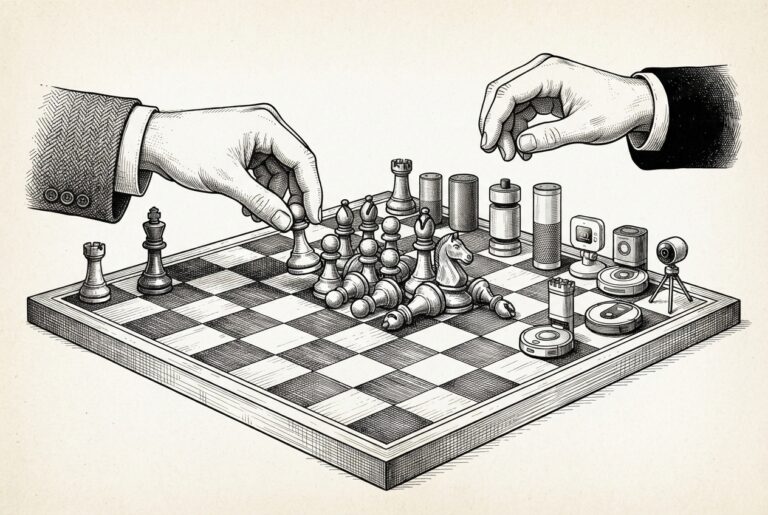 Chess game with sacrificed pieces blocking opponent while own king exposed — smart home devices as pieces in Apple v. OpenAI strategy