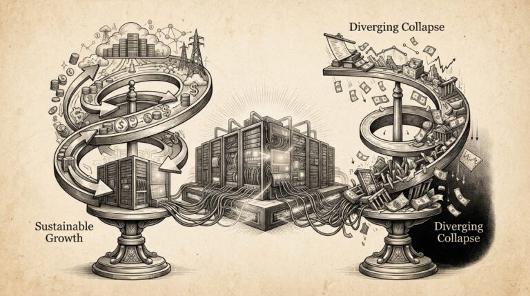 Monochrome editorial engraving depicting two diverging financial scales representing contrasting AI investment models - one self-sustaining, one collapsing.