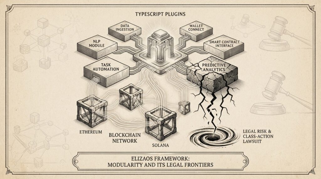 Modular architecture blocks connected by lines to blockchain network nodes, representing ElizaOS's plugin system and cross-chain capabilities.