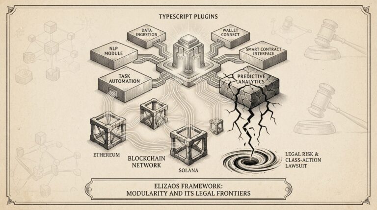 Modular architecture blocks connected by lines to blockchain network nodes, representing ElizaOS's plugin system and cross-chain capabilities.