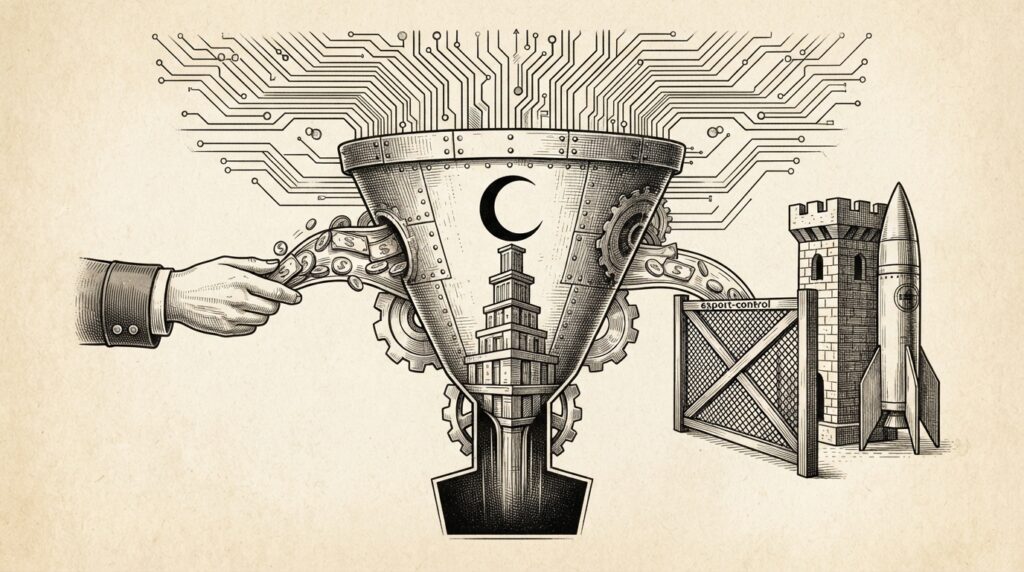 Monochrome editorial engraving of a crescent moon rising atop a capital funnel, with state hands feeding investment on one side and export-control barriers on the other, representing state-backed Chinese AI consolidation.